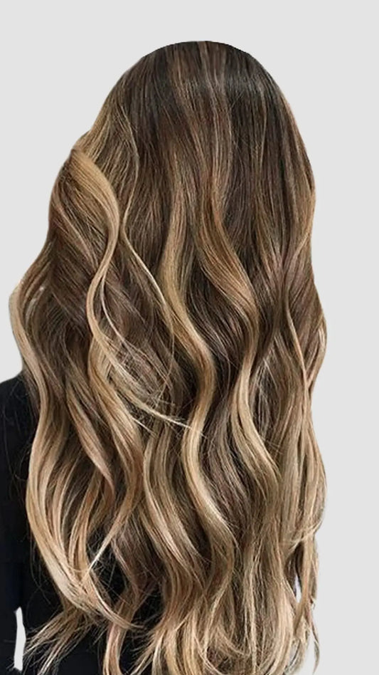 Tape-in Extensions – Djup Brun Balayage med Karamell, #4/27/4