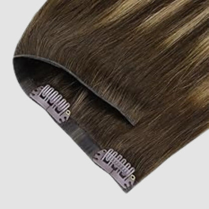 Invisible Clip-in 4/27/4 – Mörkbrun &amp; Karamellblond Balayage Bsextensions