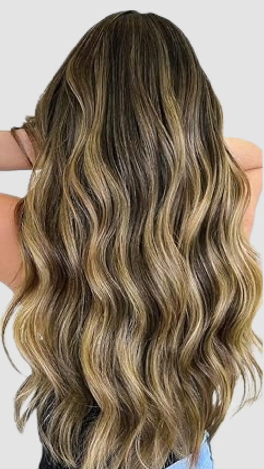 Invisible Clip-in 4/27/4 – Mörkbrun &amp; Karamellblond Balayage Bsextensions